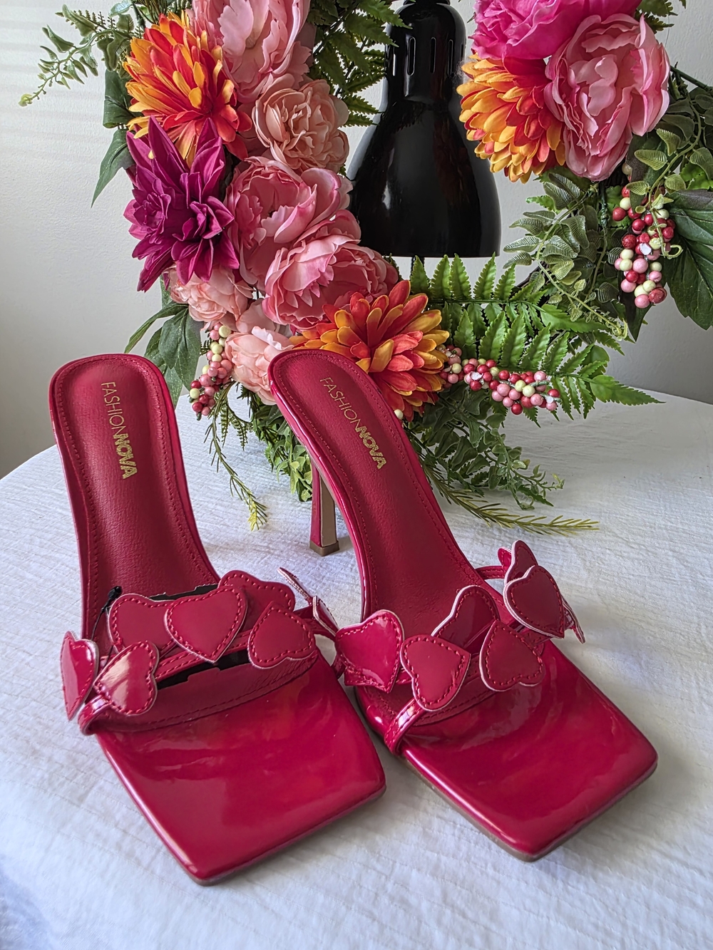 Fashion Nova Hot Red Patent Heart-Trim Mule Heels